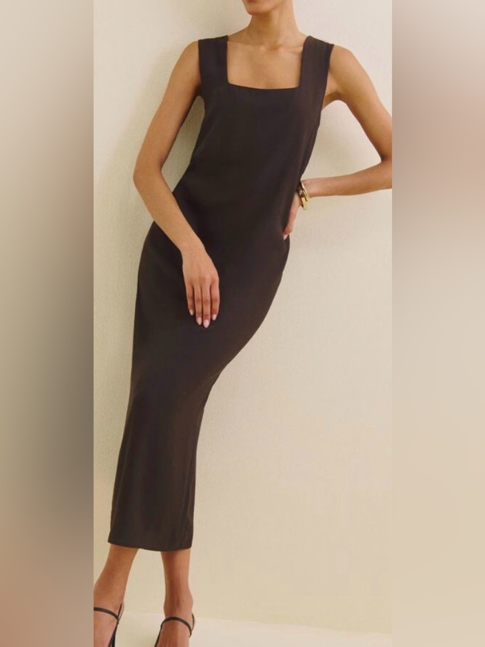 Reformation Vea Dress Black Maxi Column Shift Square Neck Adjustable Straps SZ 6